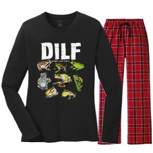 Funny Saying DILF Damn I Love Frogs Animals Women's Long Sleeve Flannel Pajama Set 