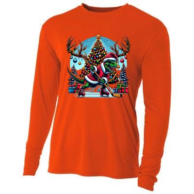 Funny Santa Dinosaur Playing Hockey Gift Cooling Performance Long Sleeve Crew