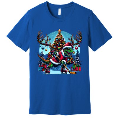 Funny Santa Dinosaur Playing Hockey Gift Premium T-Shirt