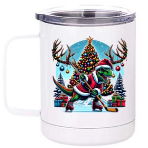 Funny Santa Dinosaur Playing Hockey Gift 12 oz Stainless Steel Tumbler Cup