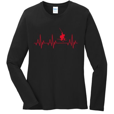 Funny Ski Design For Skier Men Women Kids Skiing Heartbeat Ladies Long Sleeve Shirt