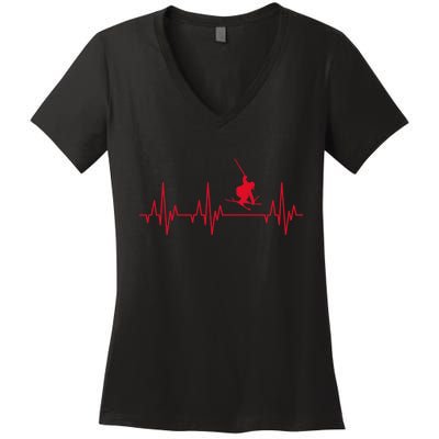 Funny Ski Design For Skier Men Women Kids Skiing Heartbeat Women's V-Neck T-Shirt