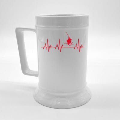 Funny Ski Design For Skier Men Women Kids Skiing Heartbeat Beer Stein