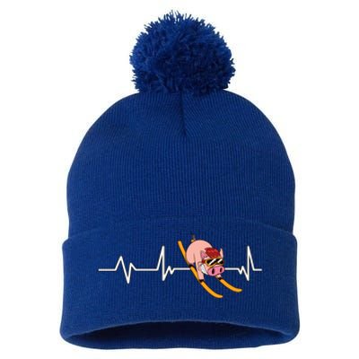 Funny Ski Design For Skier Men Women Kids Skiing Heartbeat Pom Pom 12in Knit Beanie