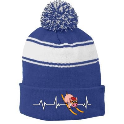 Funny Ski Design For Skier Men Women Kids Skiing Heartbeat Stripe Pom Pom Beanie