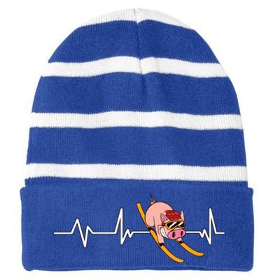 Funny Ski Design For Skier Men Women Kids Skiing Heartbeat Striped Beanie with Solid Band