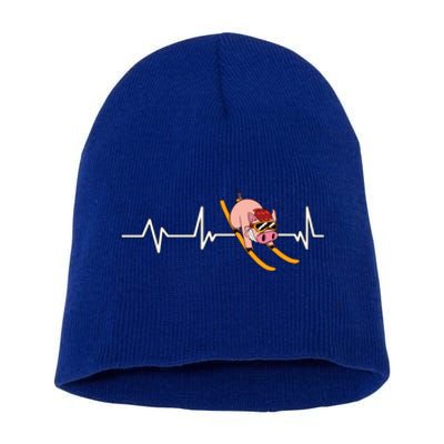 Funny Ski Design For Skier Men Women Kids Skiing Heartbeat Short Acrylic Beanie