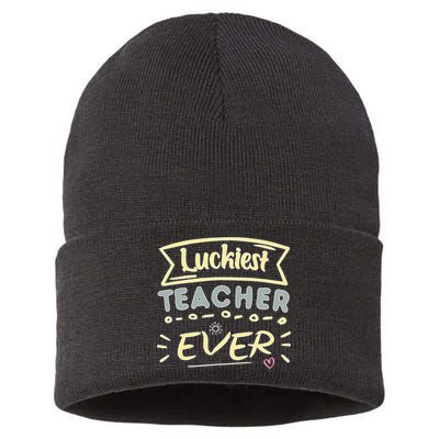 Funny St.Patrick's Day Luckiest Teacher Ever Apparel Sustainable Knit Beanie