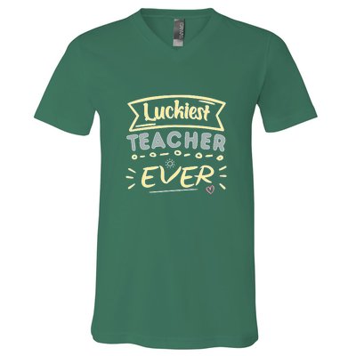 Funny St.Patrick's Day Luckiest Teacher Ever Apparel V-Neck T-Shirt