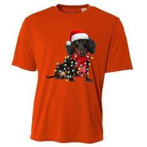 Funny Santa Dachshund Christmas Tree Lights Xmas Dog Mom Funny Gift Cooling Performance Crew T-Shirt