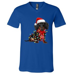 Funny Santa Dachshund Christmas Tree Lights Xmas Dog Mom Funny Gift V-Neck T-Shirt