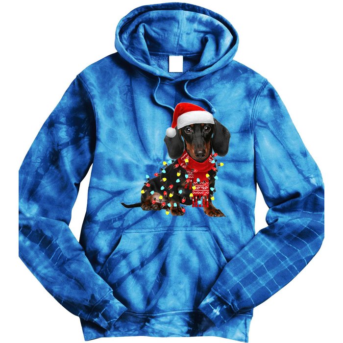 Funny Santa Dachshund Christmas Tree Lights Xmas Dog Mom Funny Gift Tie Dye Hoodie