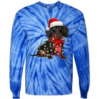 Funny Santa Dachshund Christmas Tree Lights Xmas Dog Mom Funny Gift Tie-Dye Long Sleeve Shirt