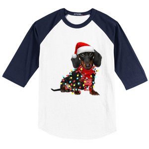 Funny Santa Dachshund Christmas Tree Lights Xmas Dog Mom Funny Gift Baseball Sleeve Shirt