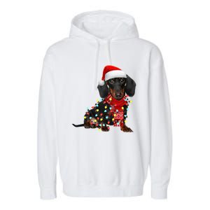 Funny Santa Dachshund Christmas Tree Lights Xmas Dog Mom Funny Gift Garment-Dyed Fleece Hoodie