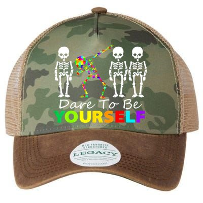 Funny Skeleton Dabbing Dare To Be Yourself Autism Awareness Gift Legacy Tie Dye Trucker Hat