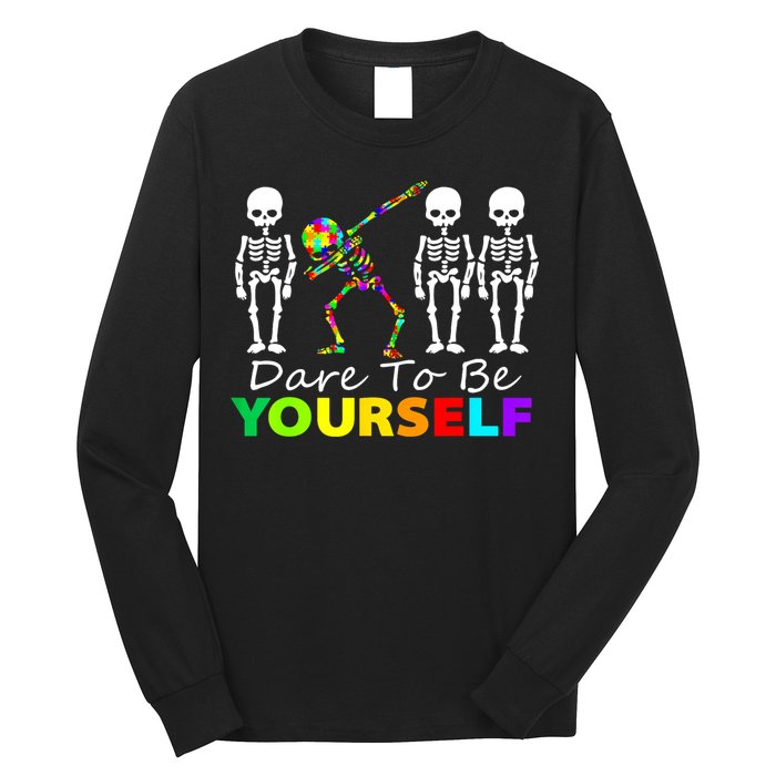 Funny Skeleton Dabbing Dare To Be Yourself Autism Awareness Gift Long Sleeve Shirt