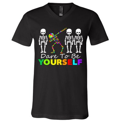 Funny Skeleton Dabbing Dare To Be Yourself Autism Awareness Gift V-Neck T-Shirt