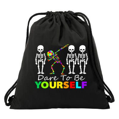 Funny Skeleton Dabbing Dare To Be Yourself Autism Awareness Gift Drawstring Bag