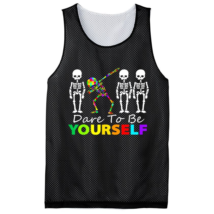 Funny Skeleton Dabbing Dare To Be Yourself Autism Awareness Gift Mesh Reversible Basketball Jersey Tank