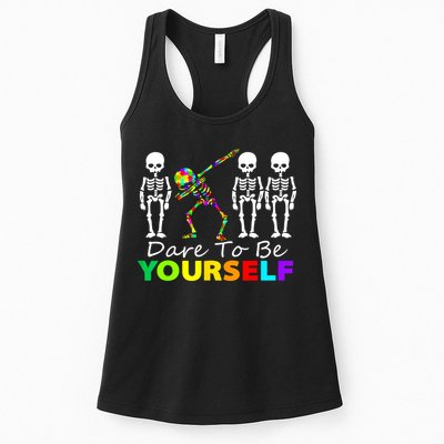 Funny Skeleton Dabbing Dare To Be Yourself Autism Awareness Gift Womens Tank Top