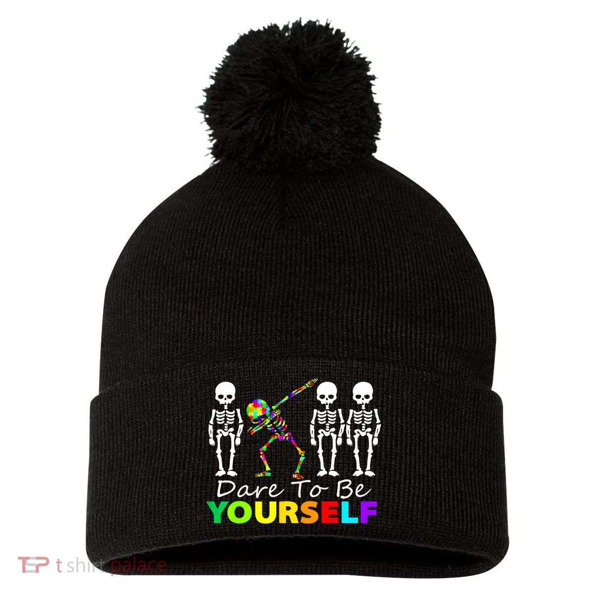 Funny Skeleton Dabbing Dare To Be Yourself Autism Awareness Gift Pom Pom 12in Knit Beanie