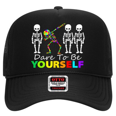 Funny Skeleton Dabbing Dare To Be Yourself Autism Awareness Gift Trucker Hat