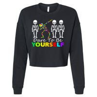 Funny Skeleton Dabbing Dare To Be Yourself Autism Awareness Gift Cropped Pullover Crew