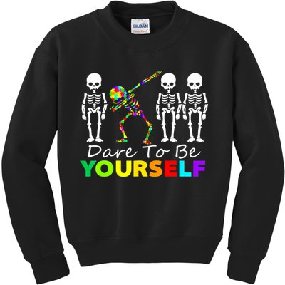 Funny Skeleton Dabbing Dare To Be Yourself Autism Awareness Gift Kids Sweatshirt