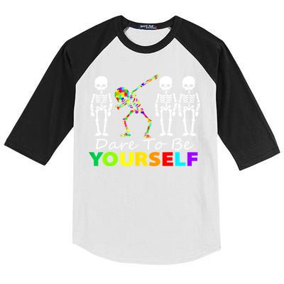 Funny Skeleton Dabbing Dare To Be Yourself Autism Awareness Gift Kids Colorblock Raglan Jersey