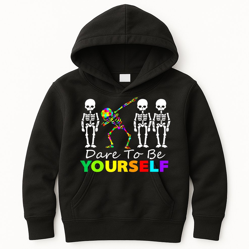 Funny Skeleton Dabbing Dare To Be Yourself Autism Awareness Gift Kids Hoodie