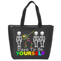 Funny Skeleton Dabbing Dare To Be Yourself Autism Awareness Gift Zip Tote Bag