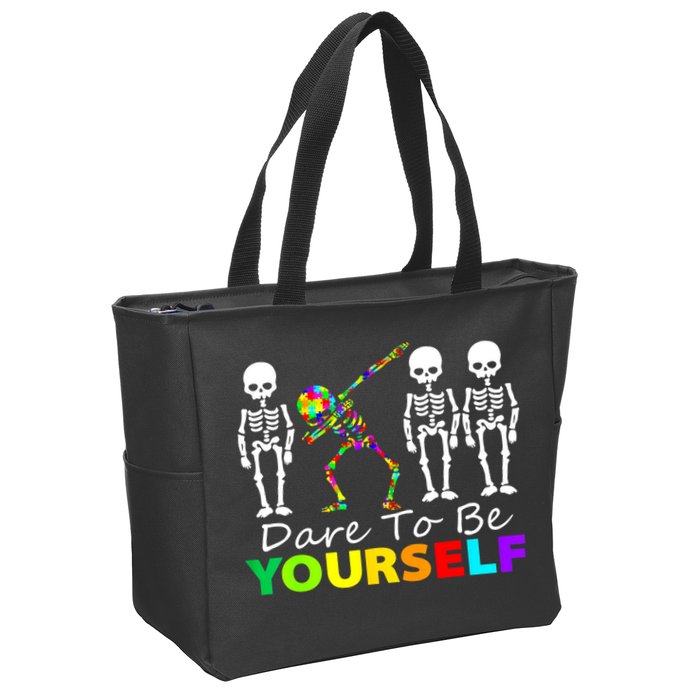 Funny Skeleton Dabbing Dare To Be Yourself Autism Awareness Gift Zip Tote Bag
