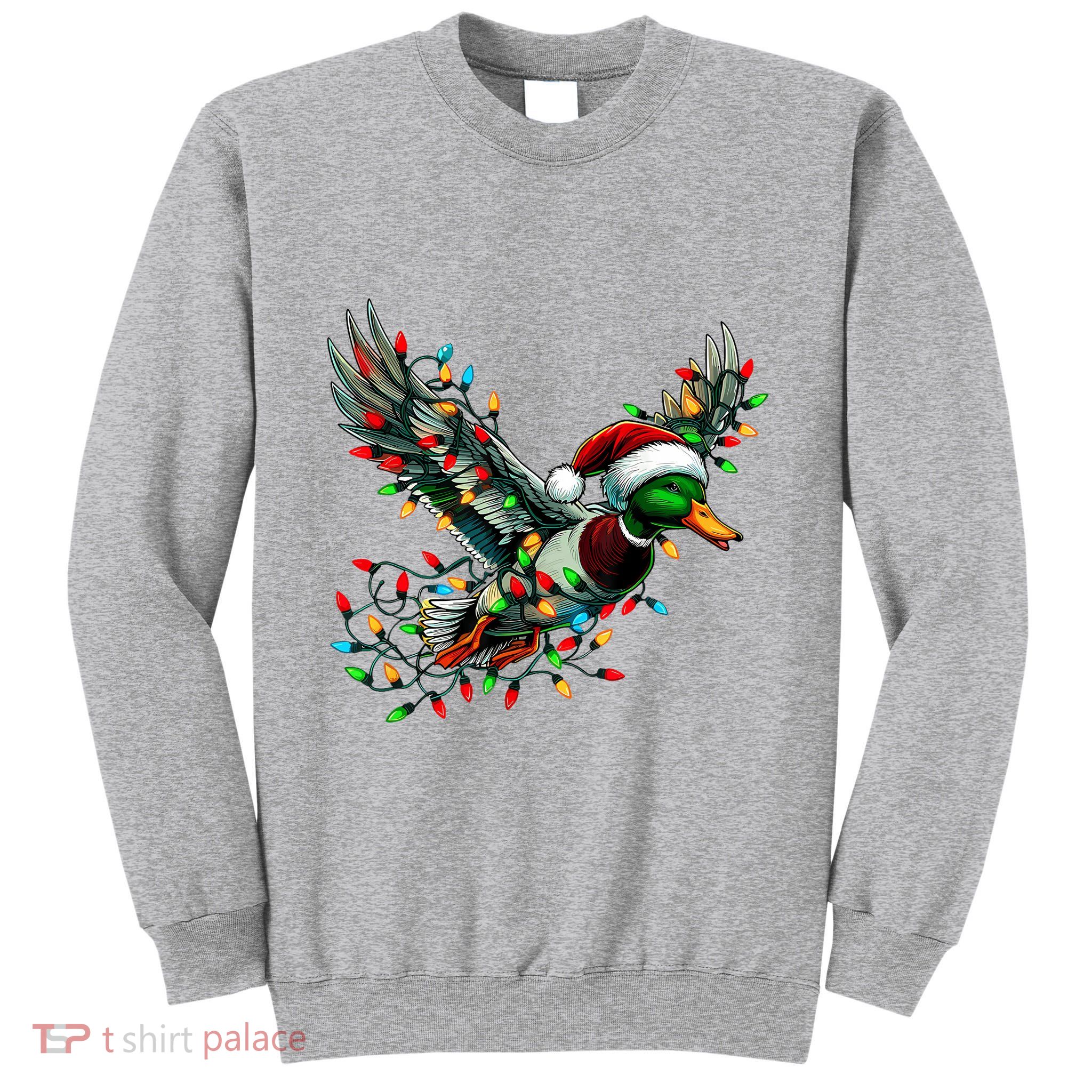 Flying Santa Duck With Christmas Lights Hunting Season Tall Sweatshirt