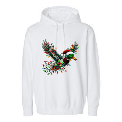 Flying Santa Duck With Christmas Lights Hunting Season Garment-Dyed Fleece Hoodie