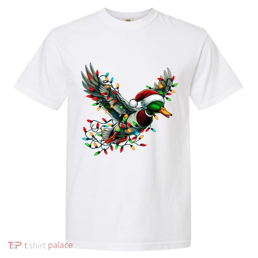 Flying Santa Duck With Christmas Lights Hunting Season Garment-Dyed Heavyweight T-Shirt