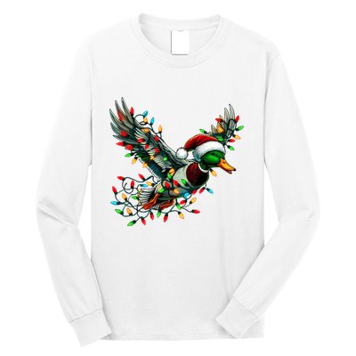 Flying Santa Duck With Christmas Lights Hunting Season Long Sleeve Shirt