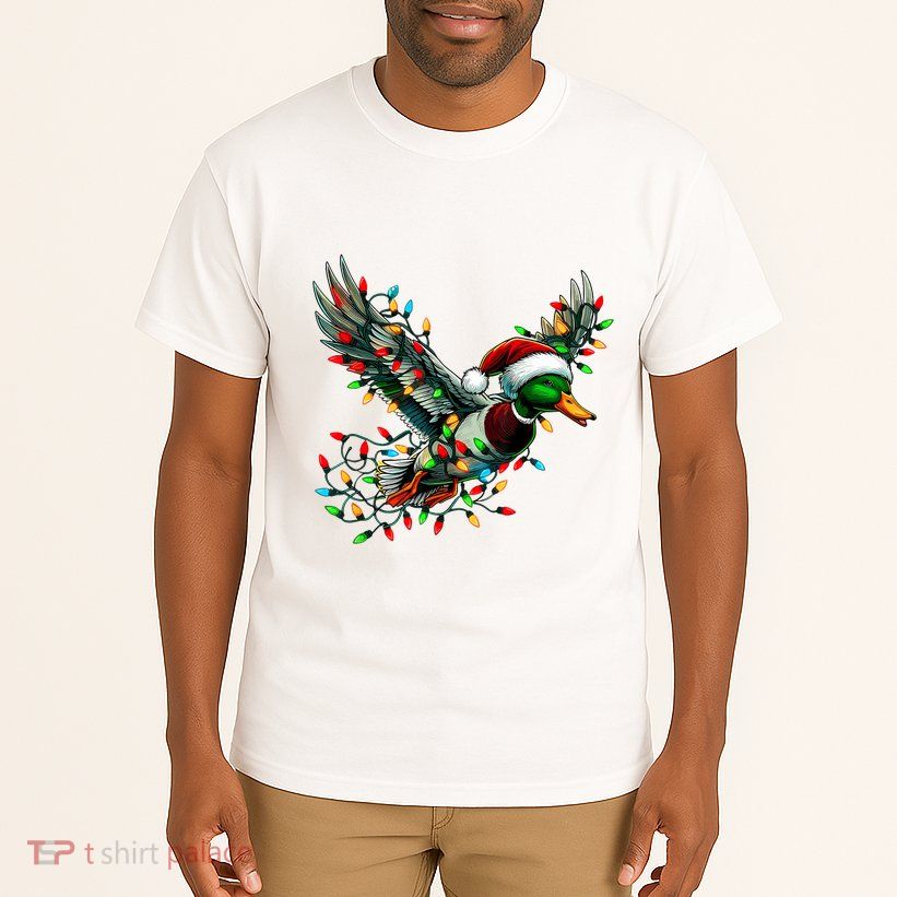 Flying Santa Duck With Christmas Lights Hunting Season Tall T-Shirt