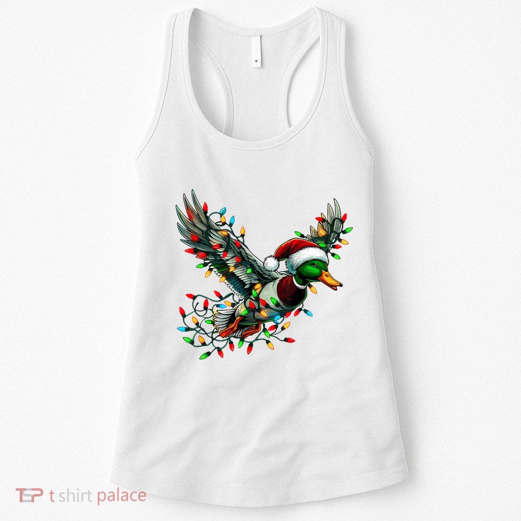 Flying Santa Duck With Christmas Lights Hunting Season Womens Tank Top