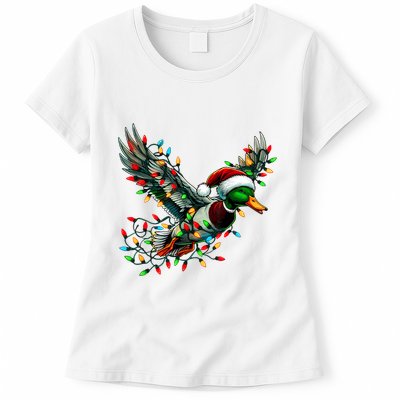 Flying Santa Duck With Christmas Lights Hunting Season Womens T-Shirt
