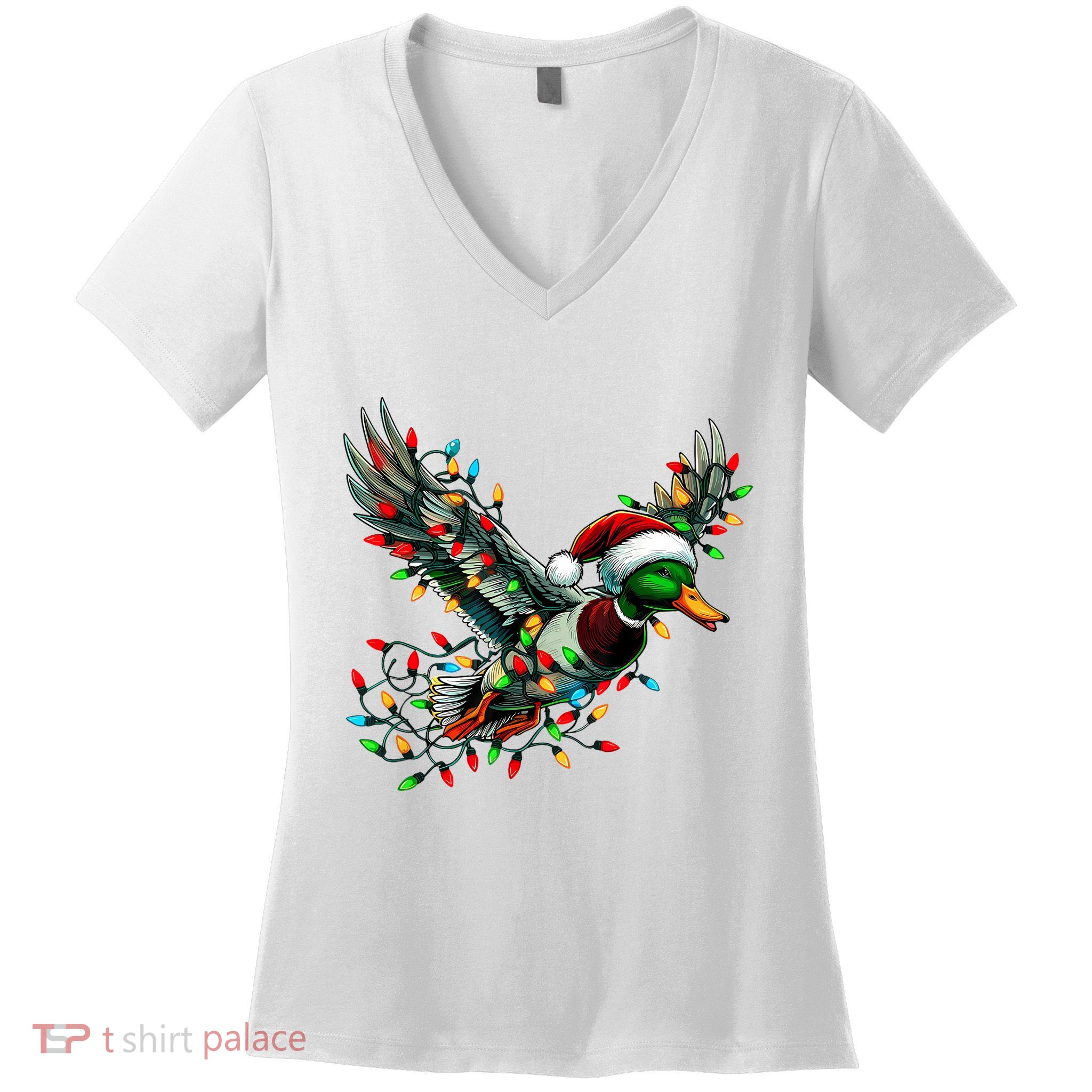 Flying Santa Duck With Christmas Lights Hunting Season Women's V-Neck T-Shirt