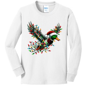 Flying Santa Duck With Christmas Lights Hunting Season Kids Long Sleeve Shirt