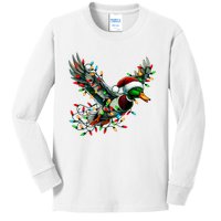 Flying Santa Duck With Christmas Lights Hunting Season Kids Long Sleeve Shirt