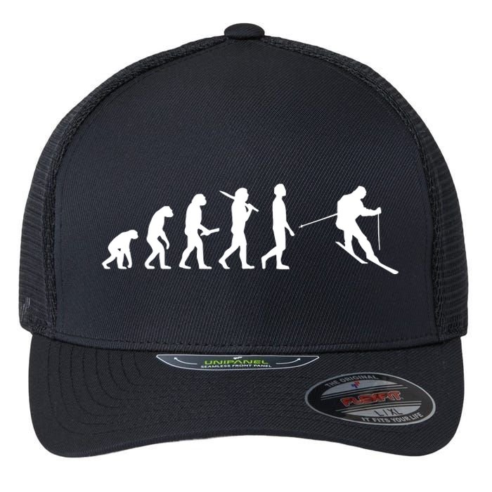 Funny Skiing Evolution Gift For Skiers Flexfit Unipanel Trucker Cap