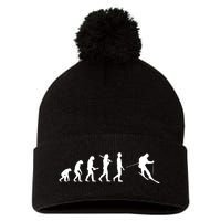 Funny Skiing Evolution Gift For Skiers Pom Pom 12in Knit Beanie