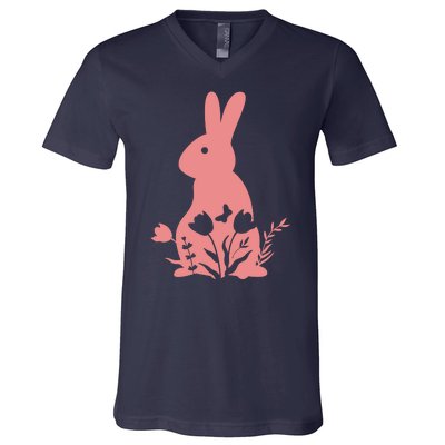 Floral Spring Easter Bunny V-Neck T-Shirt