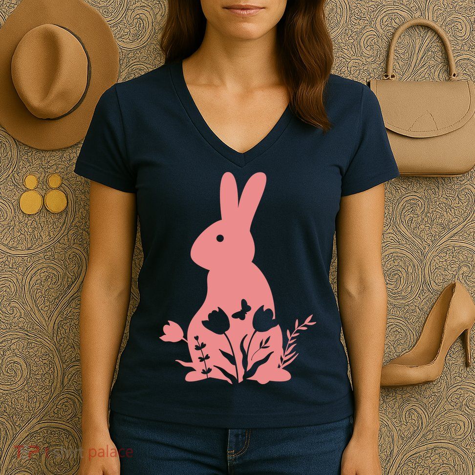Floral Spring Easter Bunny Women's V-Neck T-Shirt