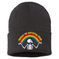 Funny Skeleton Embrace The Existential Dread Sustainable Knit Beanie