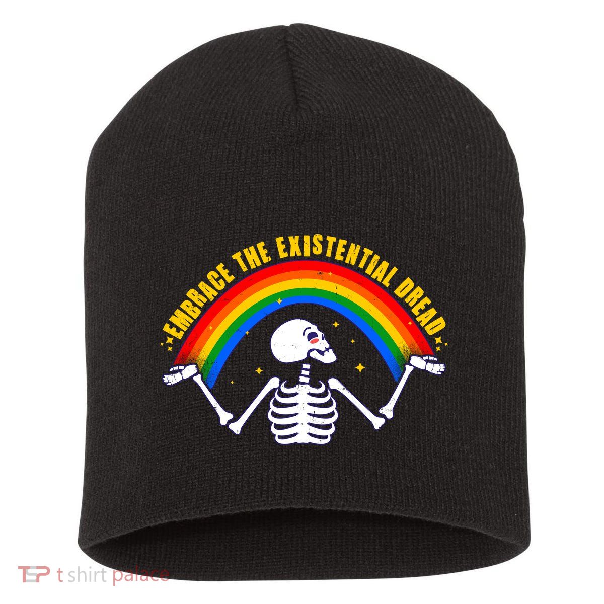 Funny Skeleton Embrace The Existential Dread Short Acrylic Beanie