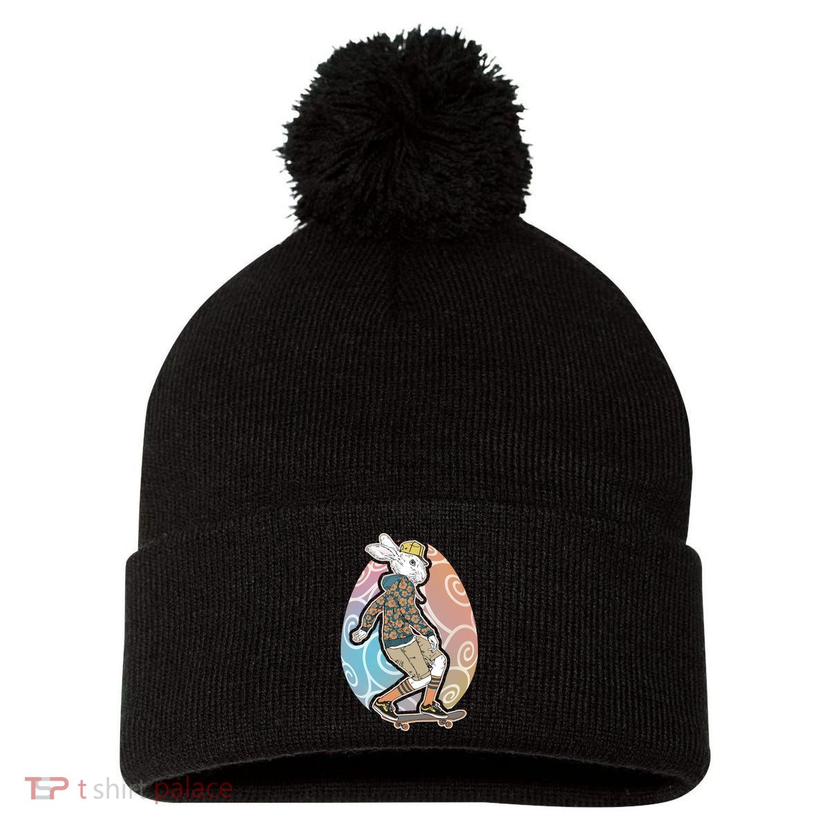 Funny Skateboarding Easter Bunny Rabbit Pom Pom 12in Knit Beanie